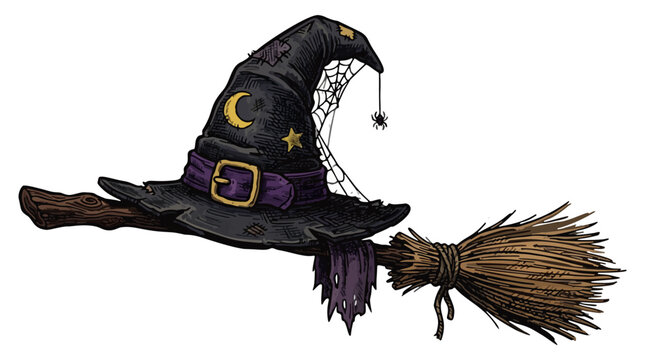 Wicked witch hat with spiderweb resting on a broomstick vector illustration