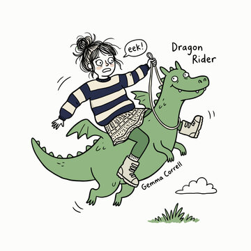 Dragon rider character yelling eek while flying on green beast.