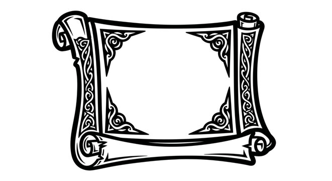 Black and white illustration of an ornate scroll with celtic design