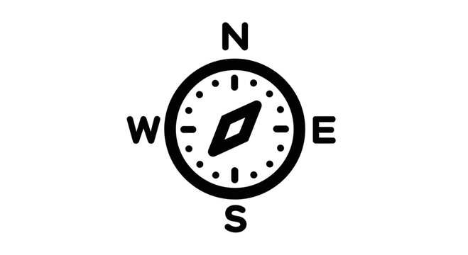 Black compass icon on with directional letters