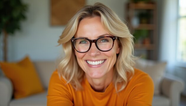Smiling middle-aged blonde woman with glasses wears orange shirt. Poses for professional portrait in bright, modern home interior. Natural light creates warm, friendly atmosphere. Looks confident,