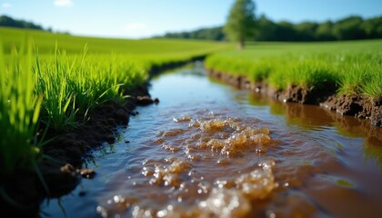 Obraz premium Water flows from farm field into natural stream. Green grass lines the dirt banks under clear blue sky. Agricultural runoff creates small rapids in the water.