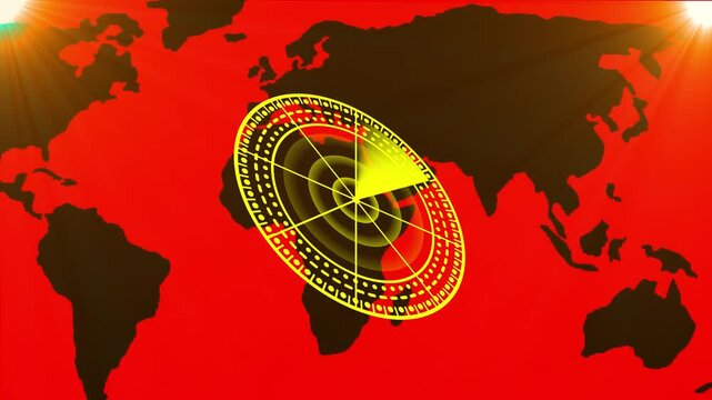 Global radar tracking icon with world map, satellite navigation system, geographic monitoring technology, GPS location tracking, international communication network and surveillance vector symbol.