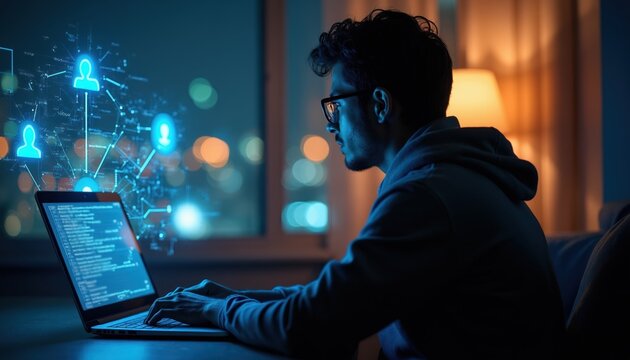 Young man in glasses works on laptop with glowing network interface. Person codes on computer, views data connection, virtual reality system, online communication, social network connection.