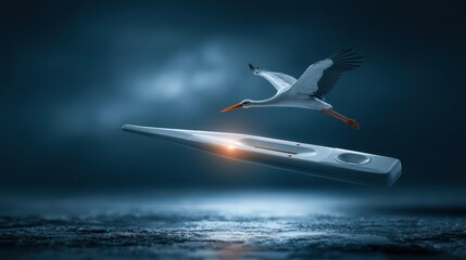 Naklejka premium A crane bird flies gracefully above a futuristic metallic object hovering over water under a moody, dark sky.