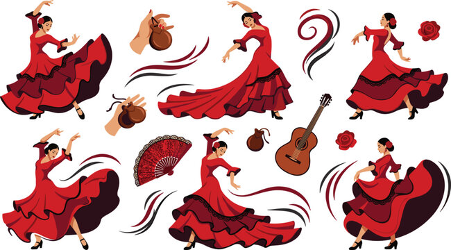 Traditional Spanish Flamenco Dancer Vector Set Featuring Women in Red Dresses, Acoustic Guitar, Castanets, Hand Fan, and Performance Graphic Elements