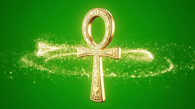 Rotating Golden Ankh Symbol With Sparkling Glitter Effects On Green Background Ideal For Visual Effects And Creative Projects