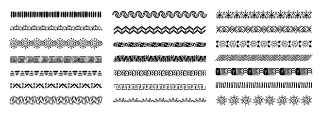 Obraz premium Borders in Ethnic Style. Aztec dividers, hand drawn tribal ornament. Hand drawn motive, doodle decoration. Boho stroke, scandinavian traditional native decor.