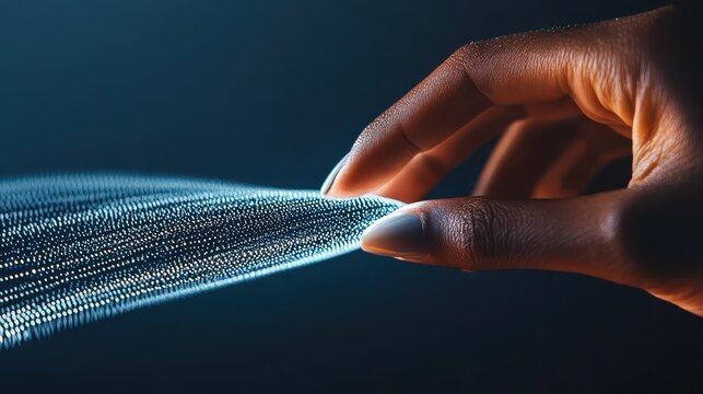 A hand touches a glowing digital wave of light particles, representing virtual worlds and data flow in the metaverse.