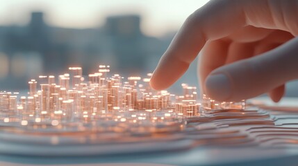 Naklejka premium Digital cityscape with glowing lights, a finger interacts with the miniature world, representing metaverse connections and virtual reality.