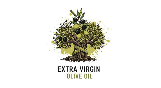 Logo design for extra virgin olive oil featuring a stylized olive tree with black and green olives on a splattered background.