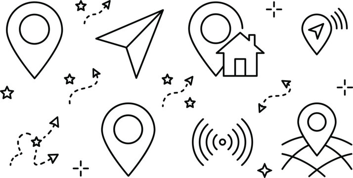 Map navigation and tracking location line art icon set featuring pin pointer home signal gps route vector illustration