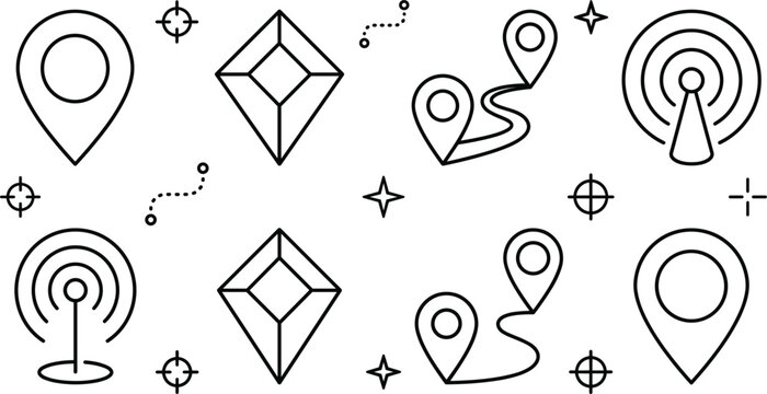 Map navigation and signal tracking line art icon set featuring location pin diamond checkpoint route antenna vector illustration