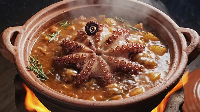 Succulent Octopus Stew in Traditional Clay Pot Garnished with Fresh Herbs Over a Smoky Background for Culinary Visuals
