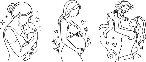 Motherhood line art icon set vector minimal style pregnant woman mother holding baby and toddler family elements illustration © S O H A G