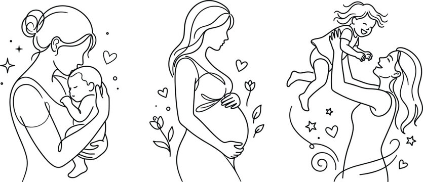 Motherhood line art icon set vector minimal style pregnant woman mother holding baby and toddler family elements illustration