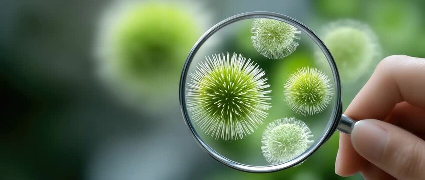 Exploring the details of green plant cells under a magnifying glass in a natural setting