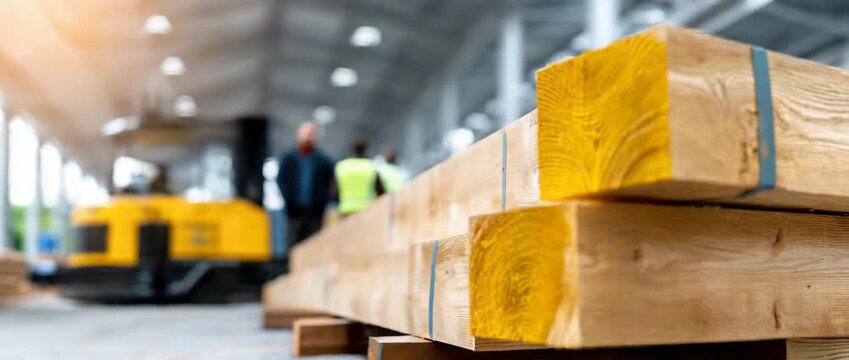 Lumber stacked in a warehouse with workers preparing materials for construction in the afternoon