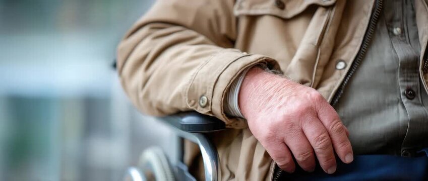 Man sitting in a wheelchair wearing a brown jacket in a public place during daytime