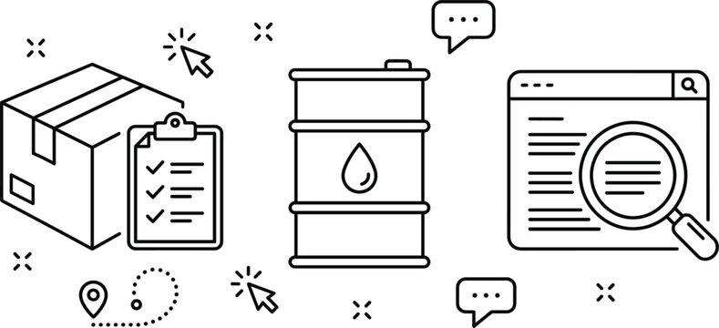 Oil logistics and delivery line art icon set featuring oil barrel cardboard box checklist tracking browser vector illustration