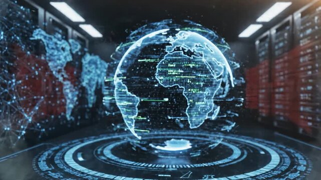 Holographic planet Earth and binary code stream in data center server room, global network connection and digital technology