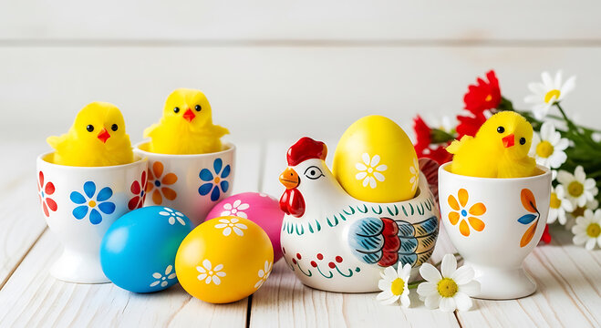 Easter Table Centerpiece with Hand Painted Eggs, Spring Flowers, and Ceramic Hen Planters