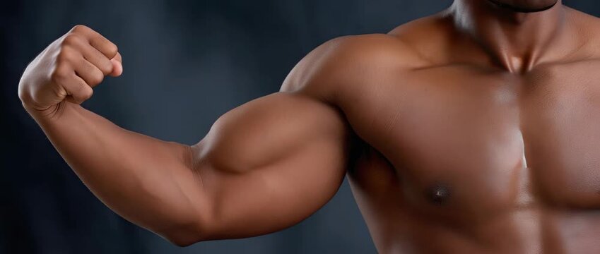 Strong arm flexing in gym setting shows muscle growth and fitness dedication during evening workout session