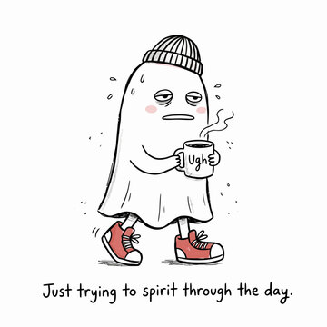 Tired cartoon ghost walking with coffee cup feeling exhausted.