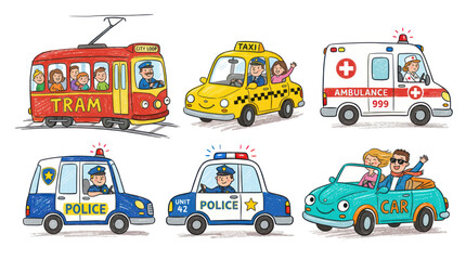 Cute Cartoon Vehicles with People: Tram, Taxi, Ambulance, Police Cars, Convertible © Jepe