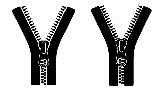 Black y-shaped zipper with metal slider open and closed