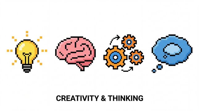 Pixel art icons depicting innovative ideas brain gears and thought bubbles isolated on white background