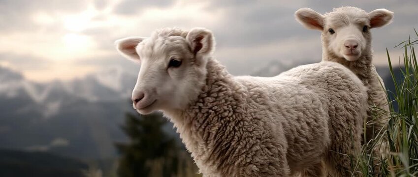 Cute lambs play in a green field near mountains during sunset with a stunning view in the background