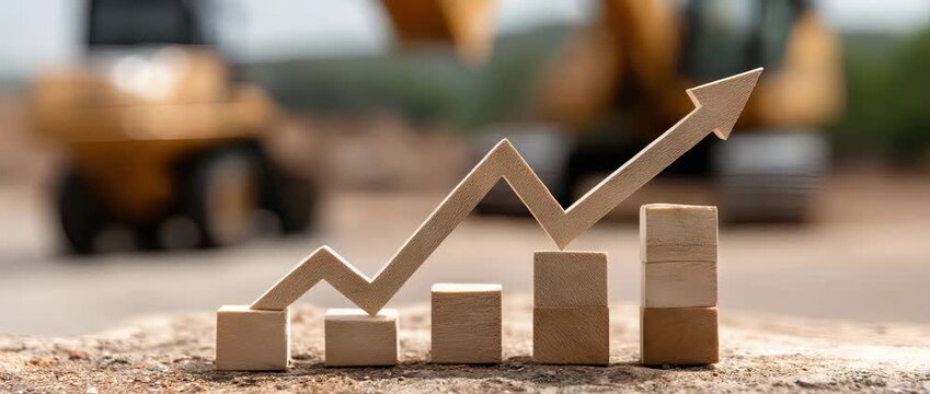 Growth in construction industry shown through a rising graph made of wooden blocks at a work site with machinery in the background during daytime
