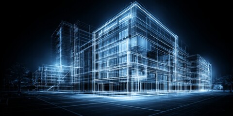Fototapeta premium Futuristic Digital Blueprint of Urban Architecture Showcasing Modern Building Design with Neon Highlights in Dark Environment