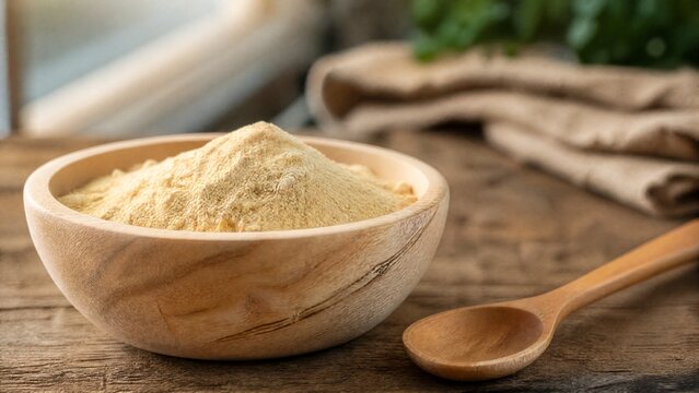 A shallow wooden bowl filled with fine pale yellow maca powder and a spoon.