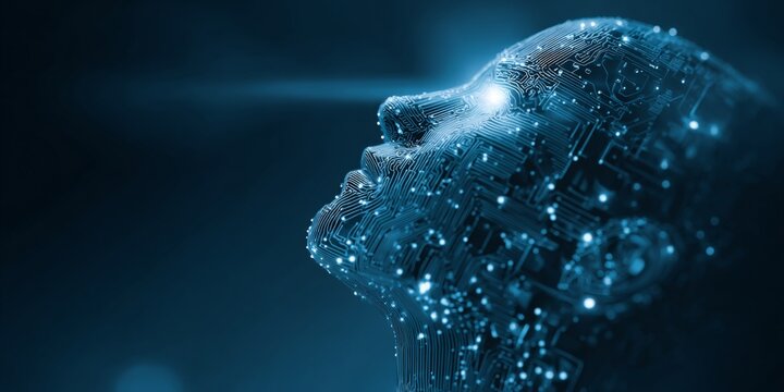 Futuristic Human Face with Digital Circuitry and Glowing Effects Representing Technology, Artificial Intelligence, and Cybernetic Innovations in Dark Background