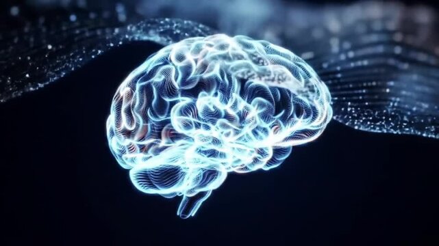 Brain illustration glows with neural network connections representing artificial intelligence and human cognitive processing in a dark digital space.