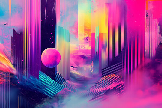 Modern Geometric architecture and sphere creating dreamlike and abstract composition. Vibrant cuboid structures. Surreal atmosphere. 