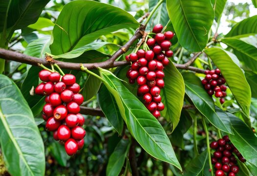 Clusters of Fresh Red Bignay Fruits Ripening on Tree Branch