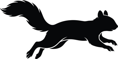 Black silhouette of a jumping squirrel in a dynamic profile pose showing agility against a clean white background for design. © MDAKLAS