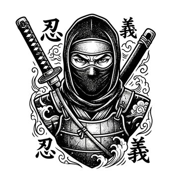 Ninja warrior illustration with katana swords, black and white