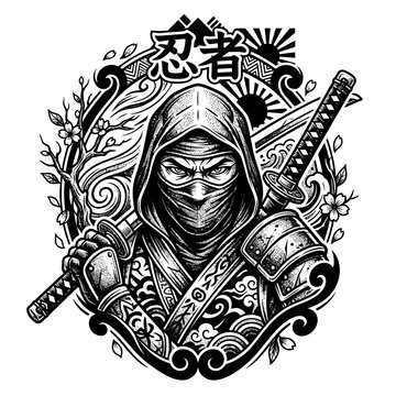 Ninja Warrior Illustration: Black and White Japanese Art
