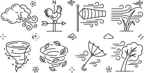 Wind and weather icon set vector line art minimal style tornado storm meteorology windsock blowing climate elements illustration © S O H A G
