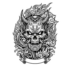 Obraz premium Oni skull illustration, tattoo design, monochrome art