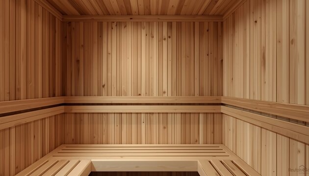 Interior view of a modern wooden sauna room with tiered benches and natural cedar wood paneling