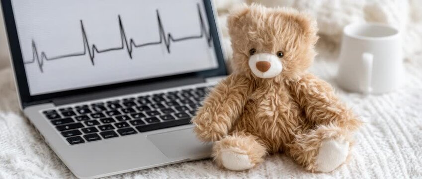 Online health monitoring with a teddy bear and laptop at home in the afternoon