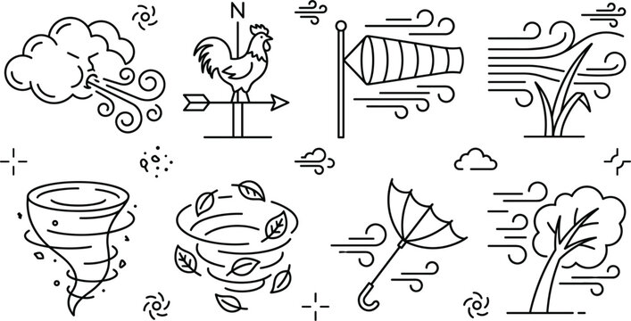 Wind and weather icon set vector line art minimal style tornado storm meteorology windsock blowing climate elements illustration