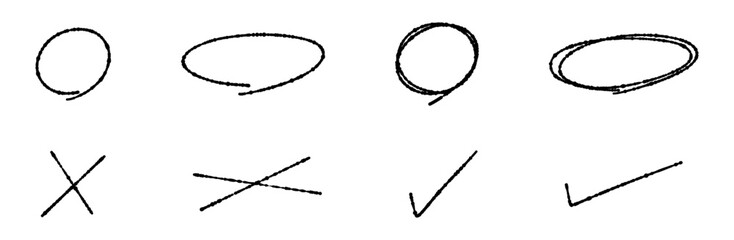 Fototapeta premium サインペンで描いたような手書きの丸とバツとチェックマークのイラストセット