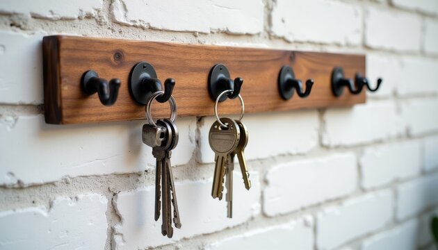 Wooden key rack with black hooks holds metal keys. Organizer hangs on white brick wall near house entrance. Useful home accessory for keeping keys tidy and accessible.
