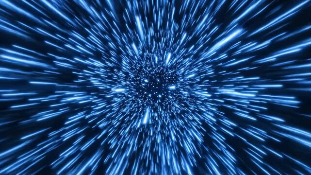 Abstract blue light streaks and particles accelerating through space, depicting speed, travel, and cosmic energy